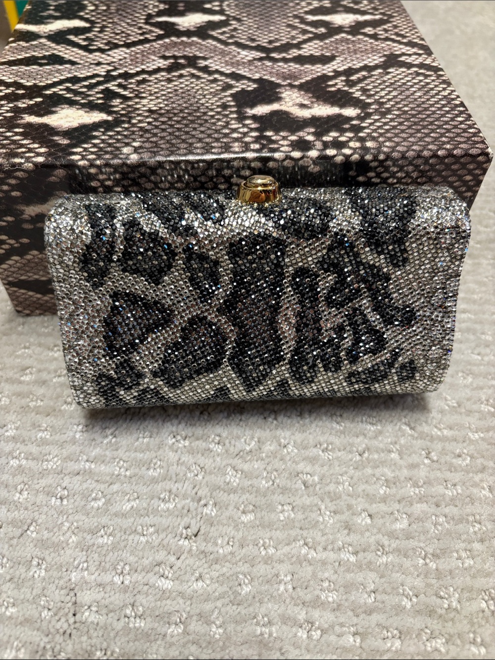 Judith Leiber Crystal-Embellished Animal Print Clutch in Grey and Silver